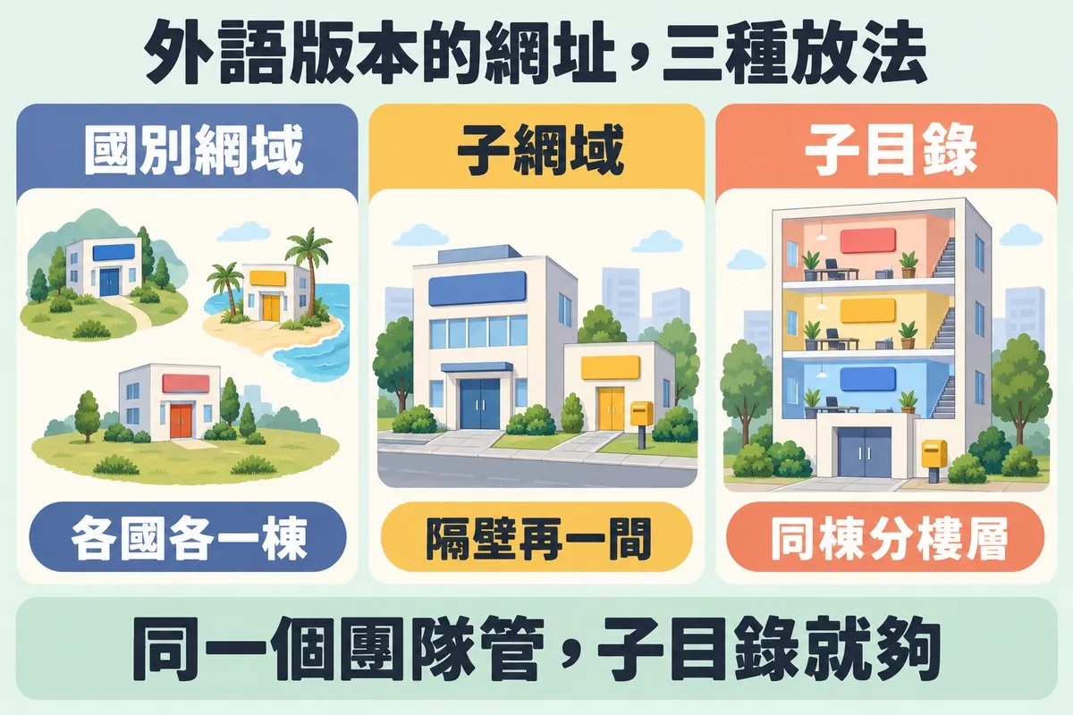 三張卡片並排:國別網域是三棟相隔很遠的獨立小樓,標示各國各一棟;子網域是主樓旁邊多一間小樓,標示隔壁再一間;子目錄是同一棟樓的三個樓層,標示同棟分樓層