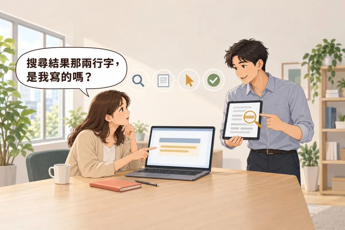 公司會議角落裡，坐在筆電前的老闆指著搜尋結果下方那兩行字，問那是不是自己寫的，旁邊的網站顧問拿著平板說明那句是從頁面裡挑出來的
