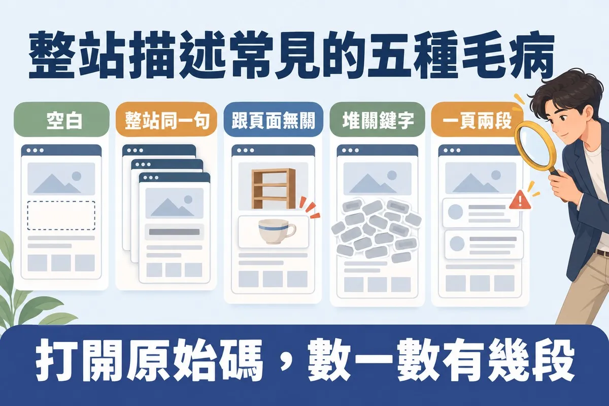 五張網頁小卡片：描述欄空白、好幾頁蓋著同一個印章、描述畫著跟頁面無關的茶杯、描述塞滿標籤、一頁疊著兩張描述卡，旁邊人員拿放大鏡逐張檢查