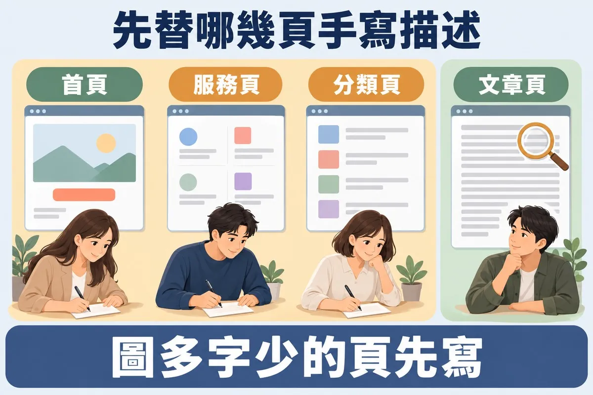 四張網頁卡片由左到右：幾乎全是大圖的首頁、區塊分散的服務頁、只有標題清單的分類頁旁邊都有人拿筆寫小卡；最右邊滿滿文字的文章頁上已經放著放大鏡