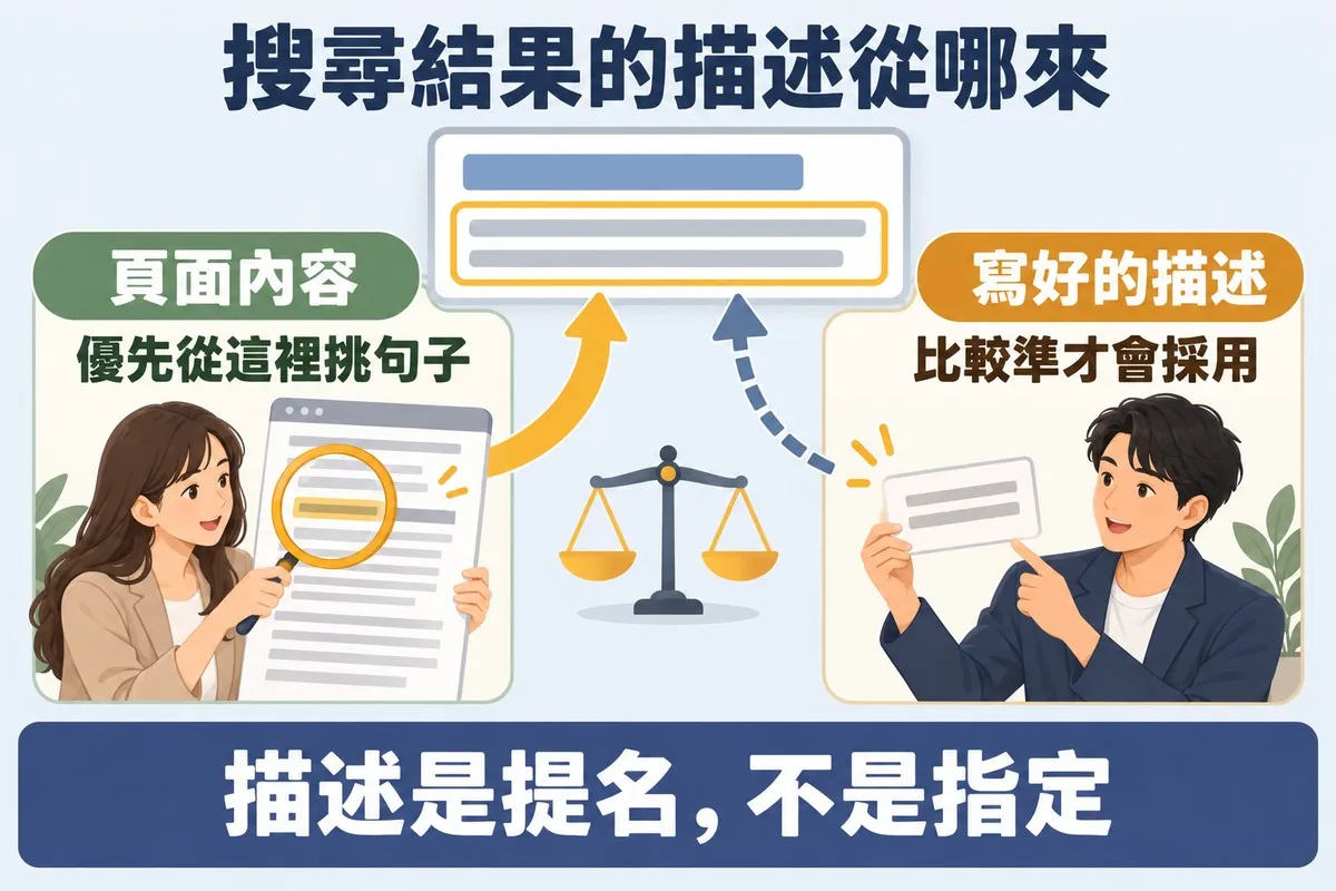 上方一張搜尋結果卡片，下面左邊是用放大鏡從整頁文字裡挑出一句的人員，粗箭頭往上；右邊是舉著小卡片的人員，虛線細箭頭往上，中間一個天平