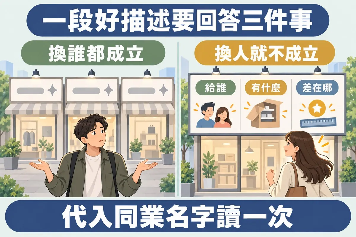 左右對照：左邊三塊一模一樣的模糊招牌，客人聳肩分不出差別；右邊一塊招牌分成給誰、有什麼、差在哪三格，客人微笑抬頭看著招牌