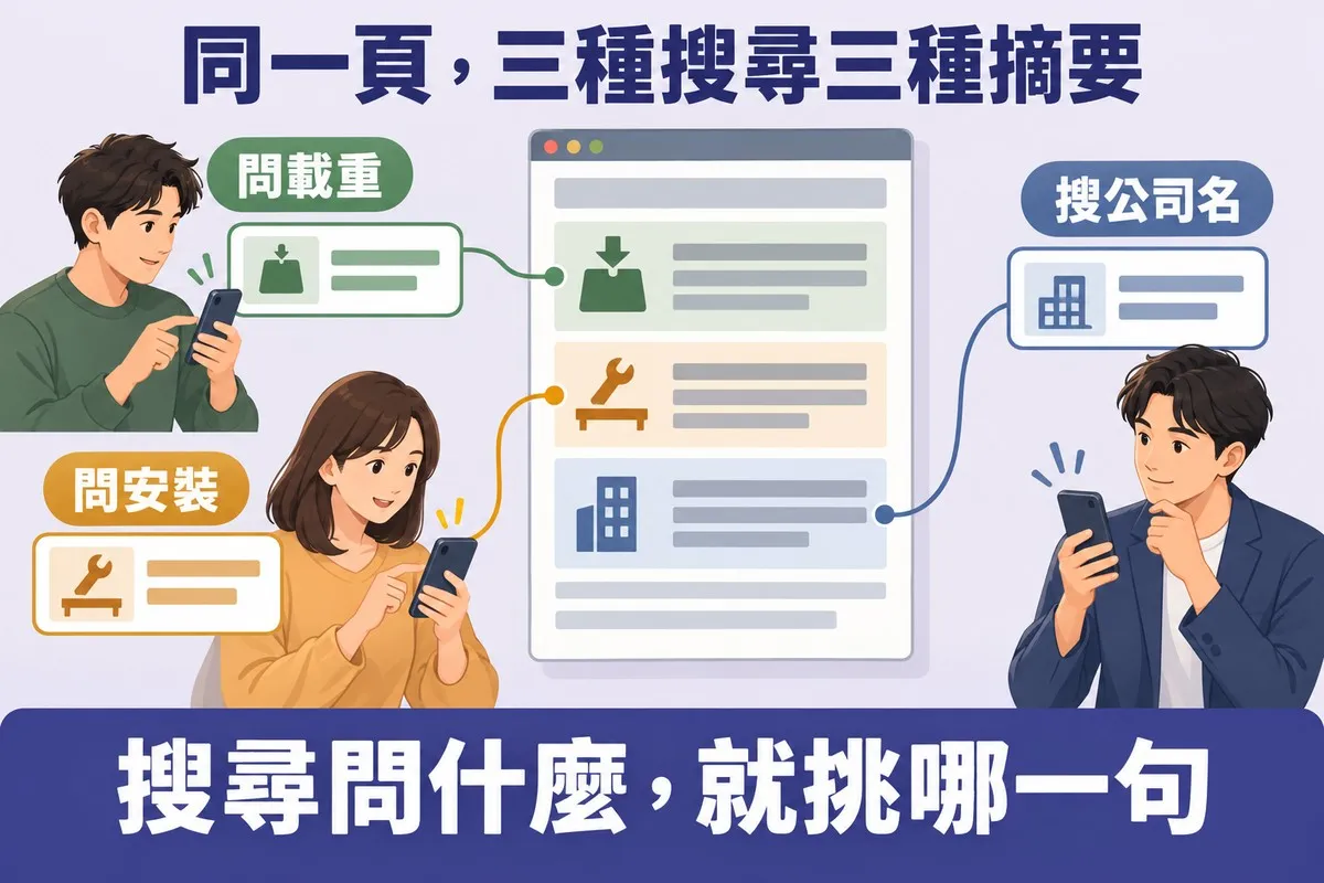 中間一張服務頁分成載重、安裝、公司三個區塊，三位拿手機的搜尋者各自連到不同區塊，旁邊的小結果卡片顏色跟各自區塊一樣
