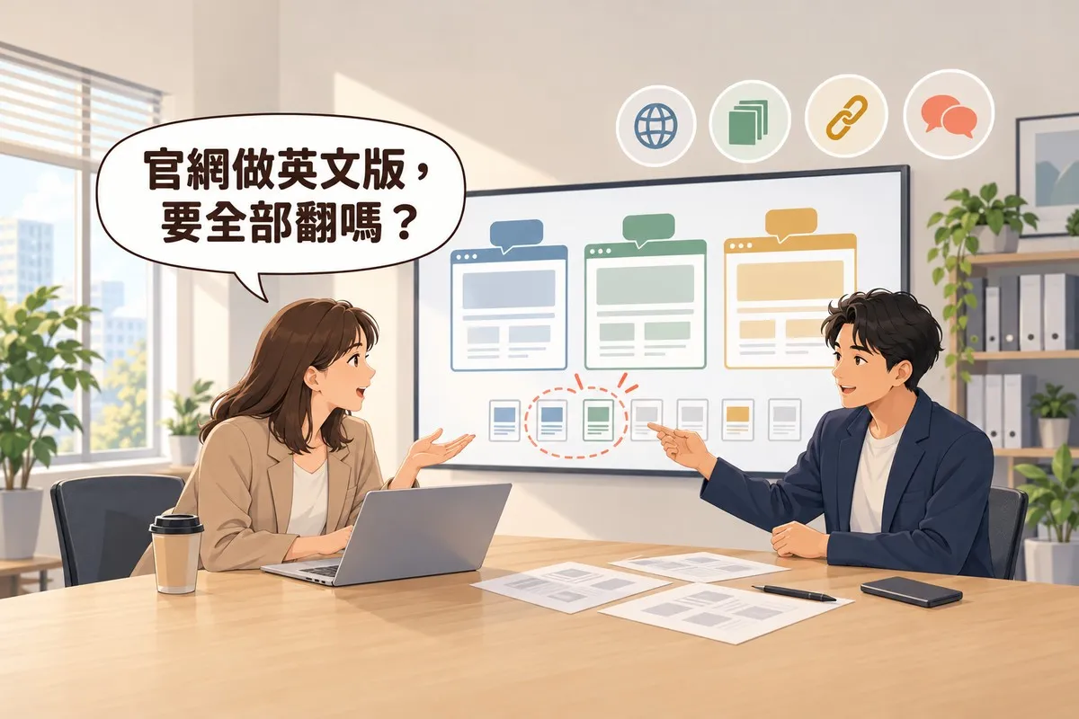 會議室裡兩個人隔著會議桌坐著：穿西裝外套的女性負責人攤開一隻手發問，對面的男性顧問指著牆上螢幕；螢幕上有三個不同顏色的網頁視窗與一排頁面縮圖，其中兩張被虛線圈起來；對話框寫著「官網做英文版，要全部翻嗎？」