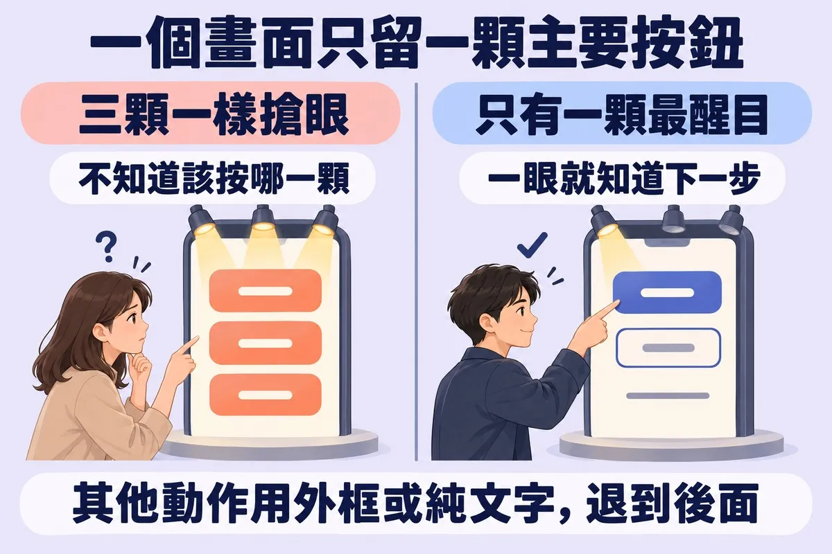 左右兩格都是一支立著的手機螢幕，上面疊著三顆按鈕、上方有三盞聚光燈：左邊三顆都是一樣的珊瑚色實心按鈕、三盞燈各照一顆，女生的手指停在半空、頭上有問號，標示三顆一樣搶眼、不知道該按哪一顆；右邊只有最上面一顆是靛藍色實心按鈕、只亮一盞燈，下面一顆只有外框、一顆只剩一條線，男生直接指向它、頭上有勾，標示只有一顆最醒目、一眼就知道下一步