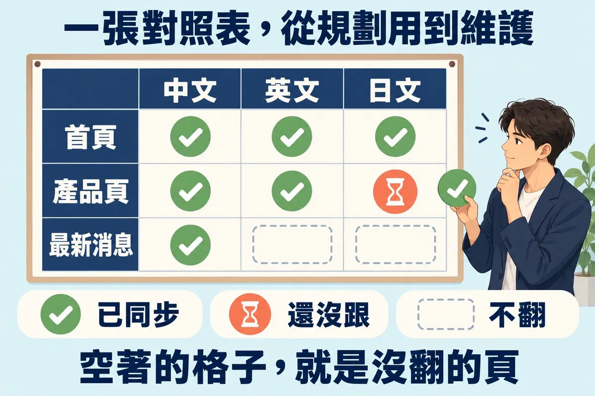 三欄三列的對照表:欄是中文、英文、日文,列是首頁、產品頁、最新消息;首頁三格都打勾,產品頁的日文格是沙漏,最新消息只有中文打勾;圖例是已同步、還沒跟、不翻