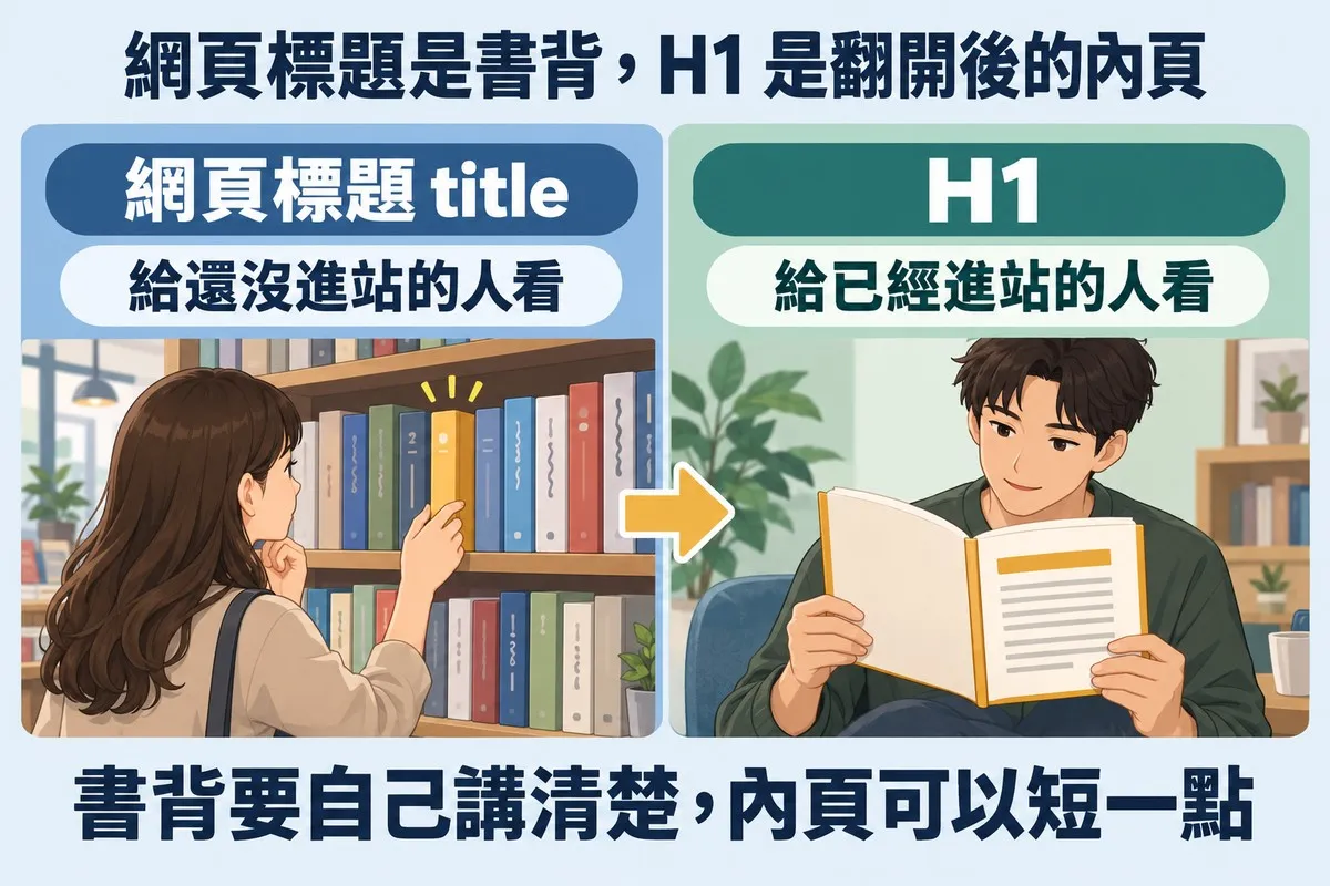 左右兩格對照：左邊一位長髮女性站在書店書架前，伸手去拿一整排書背裡被標出來的那本黃色的書，標示網頁標題 title、給還沒進站的人看；中間一個黃色箭頭指向右邊；右邊一位年輕男性坐在沙發上雙手翻開同一本黃色的書，右頁最上方有一條粗粗的橘黃色標題和幾行灰線，標示 H1、給已經進站的人看；最上面寫著網頁標題是書背，H1 是翻開後的內頁，底部寫著書背要自己講清楚，內頁可以短一點