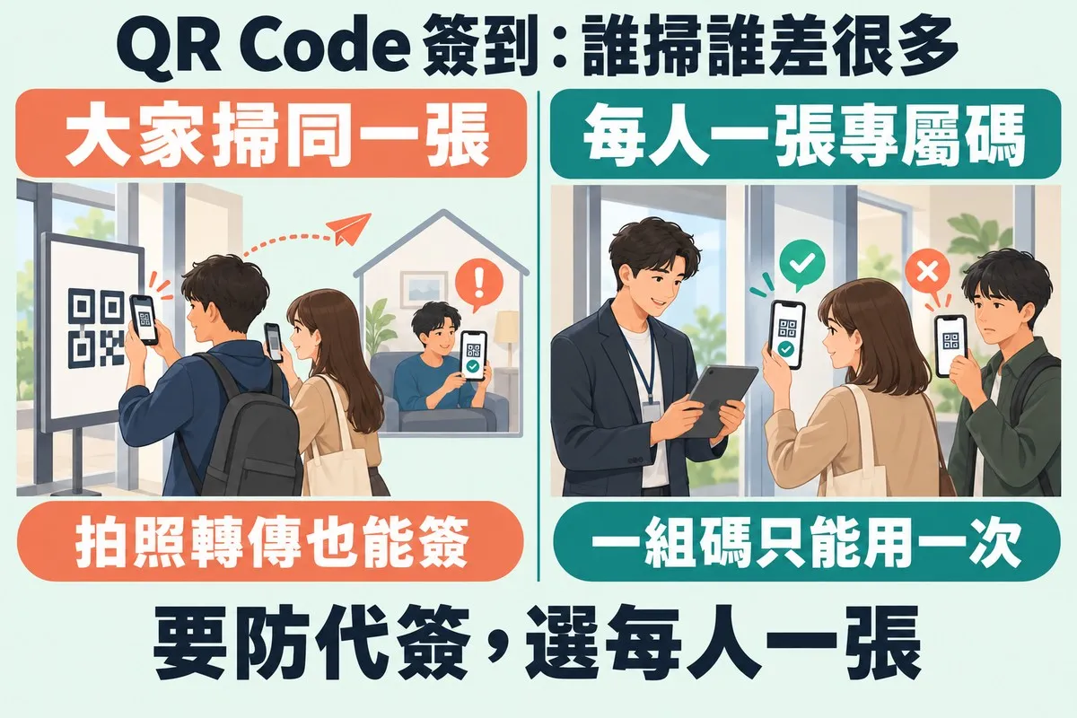 左右對照：左邊門口立著一張公用的碼，兩位來賓舉手機去掃，其中一人把畫面傳給在家的人，那個人的手機也打了勾，標示大家掃同一張、拍照轉傳也能簽；右邊工作人員拿著平板，第一位來賓手機上的碼打了勾，後面拿同一張碼的人被打叉，標示每人一張專屬碼、一組碼只能用一次