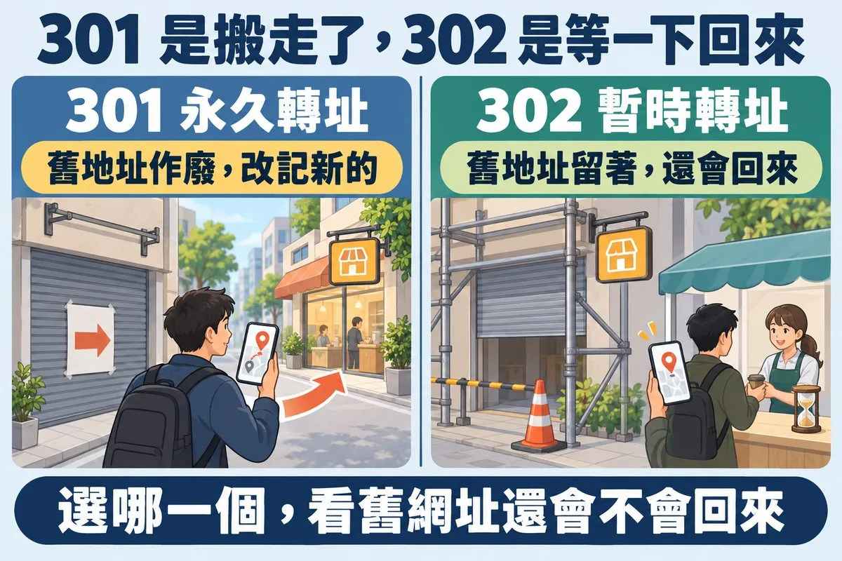 左右兩格對照:左邊舊店面鐵門拉下、招牌只剩空架子,門上貼著箭頭公告,客人走向掛著橘色招牌的新店,標示 301 永久轉址、舊地址作廢,改記新的;右邊店面搭著鷹架、招牌還在,客人在臨時櫃位買咖啡,標示 302 暫時轉址、舊地址留著,還會回來