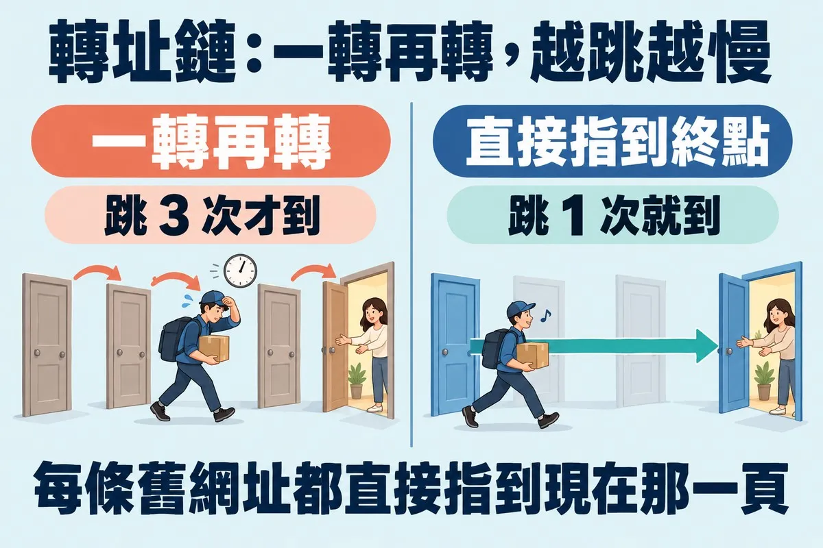 左右兩格對照:左邊四扇門,三個箭頭一扇接一扇,送貨員抱著包裹擦汗趕路,頭上有時鐘,標示一轉再轉、跳 3 次才到;右邊一條直線箭頭從第一扇門直達最後一扇門,中間兩扇門變淡,送貨員輕鬆送達,標示直接指到終點、跳 1 次就到