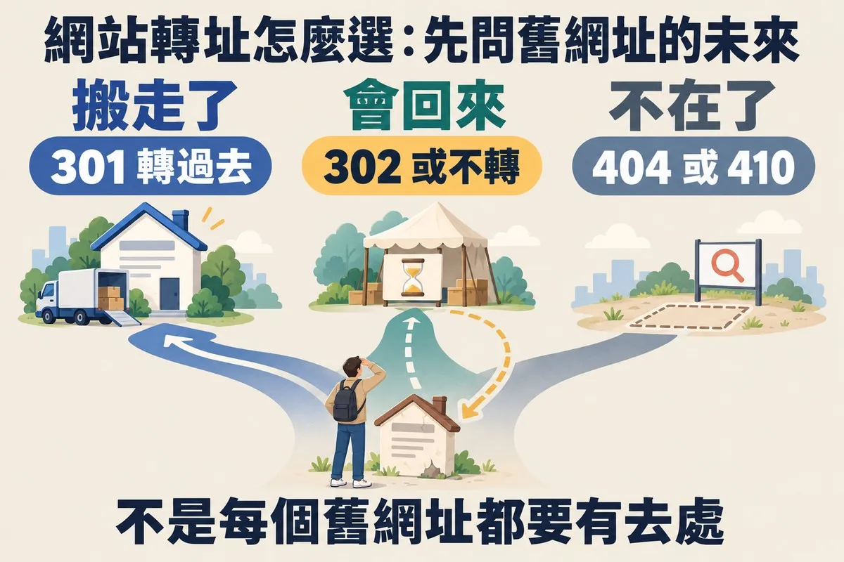 背著背包的人站在舊房子旁看著三條岔路:左邊通往停著搬家貨車的新房子,標示搬走了、301 轉過去;中間通往放著沙漏的帳篷,再用虛線箭頭繞回舊房子,標示會回來、302 或不轉;右邊是只剩虛線輪廓和告示牌的空地,標示不在了、404 或 410