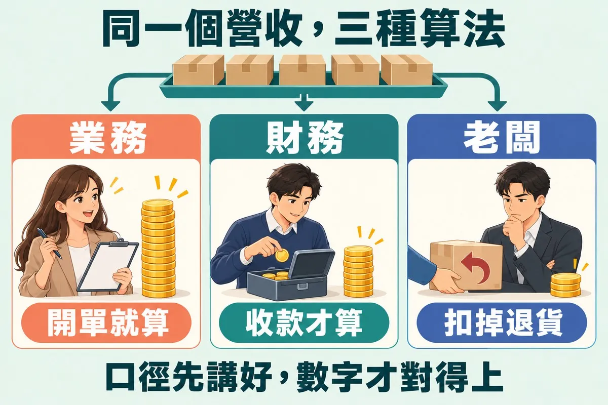 同一盤包裹往下分給三張卡片:業務拿著訂單本,硬幣疊得最高,標示開單就算;財務守著錢箱,硬幣中等,標示收款才算;老闆看著退回的包裹,硬幣最矮,標示扣掉退貨