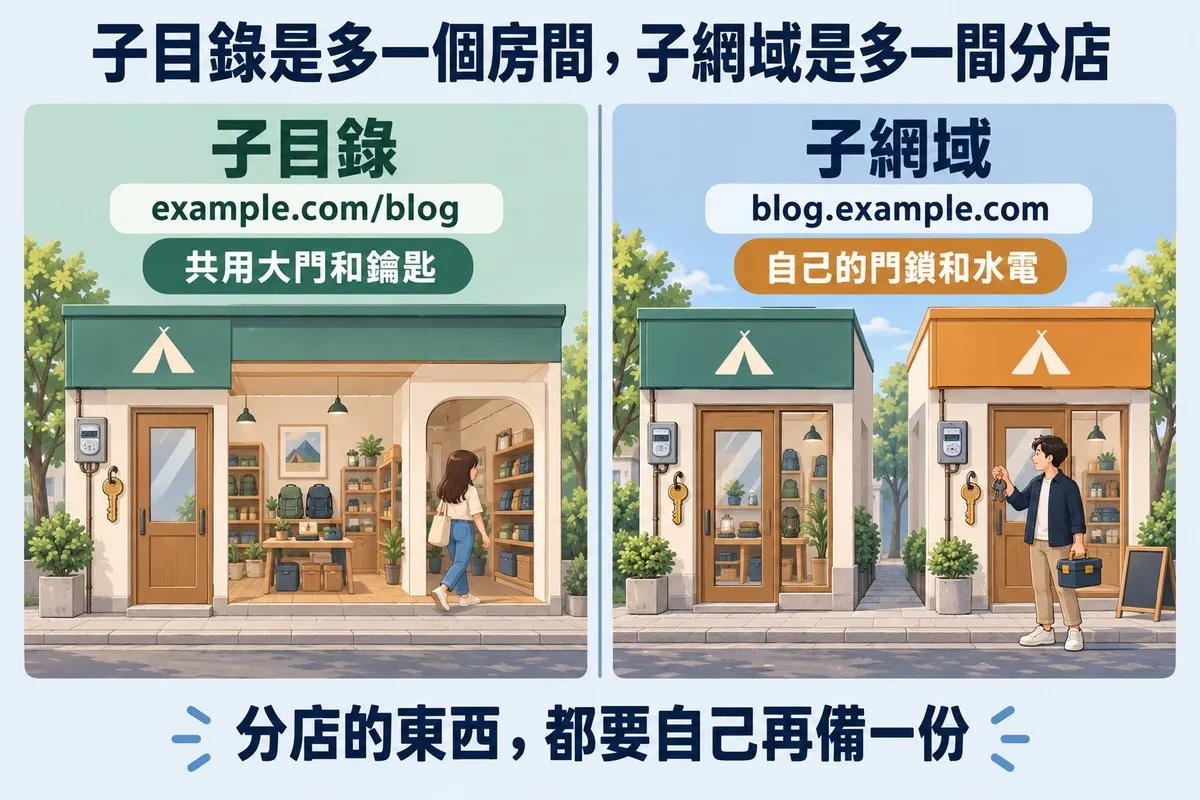 左右兩格對照：左邊是一間剖開的店，只有一扇大門、一把鑰匙和一個電錶，客人從大廳穿過拱門走進新隔出來的房間，標示子目錄 example.com/blog、共用大門和鑰匙；右邊是兩間掛同一個帳篷招牌的店並排，中間隔著空隙，第二間有自己的門、鑰匙和電錶，老闆拿著第二串鑰匙和工具箱站在門口，標示子網域 blog.example.com、自己的門鎖和水電；底部寫著分店的東西，都要自己再備一份