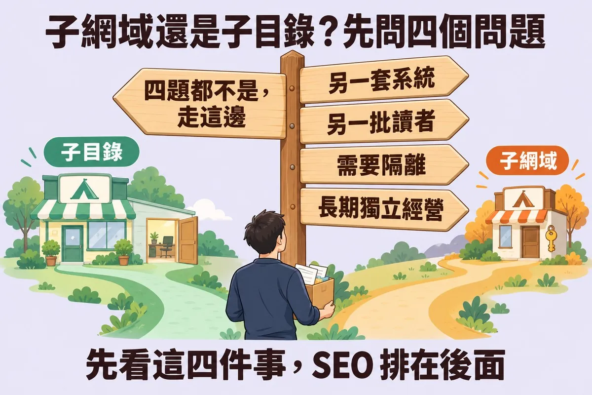 一個人抱著一箱新內容、背對畫面站在岔路口，面前高大的木頭路標有五塊牌子：一塊往左，寫著四題都不是，走這邊；四塊往右，寫著另一套系統、另一批讀者、需要隔離、長期獨立經營。左邊綠色的路通往主店旁邊新加、開著門的房間，上方標示子目錄；右邊橘黃色的路通往另一間門邊掛著鑰匙的獨立小店，上方標示子網域；底部寫著先看這四件事，SEO 排在後面