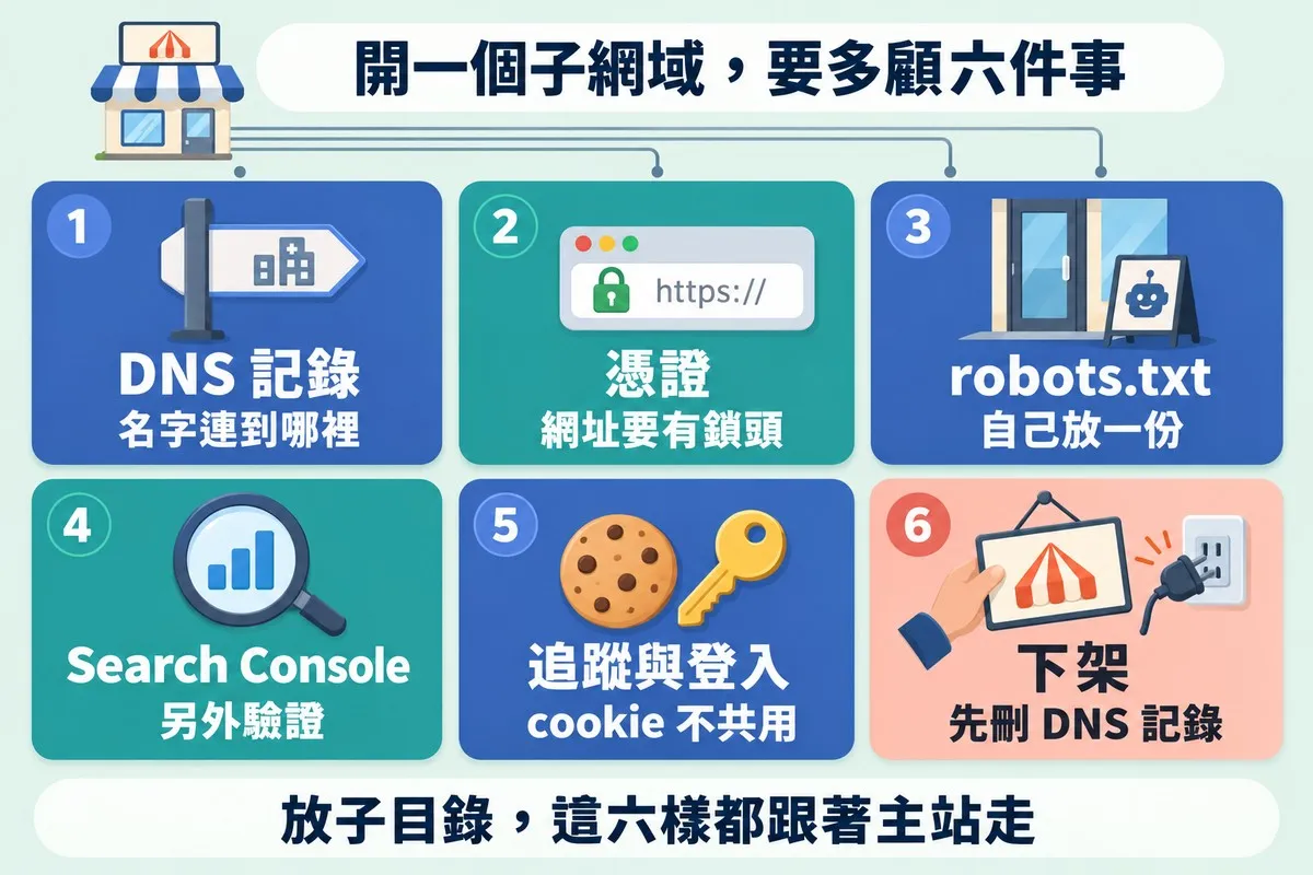 上方一間小小的分店圖示，用細線連到下面兩排共六張卡片：1 DNS 記錄（名字連到哪裡，路標圖示）、2 憑證（網址要有鎖頭，網址列上有鎖頭和 https://）、3 robots.txt（自己放一份，店門口立著畫了機器人的告示牌）、4 Search Console（另外驗證，放大鏡與長條圖）、5 追蹤與登入（cookie 不共用，餅乾與鑰匙）、6 下架（先刪 DNS 記錄，一隻手拆下招牌、插頭拔離插座，用粉橘色標出）；底部寫著放子目錄，這六樣都跟著主站走