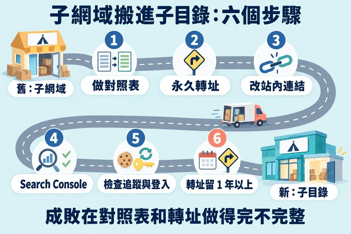 一條 S 形的路從左上角堆著紙箱的小分店（舊：子網域）通往右下角的主店（新：子目錄），路上有六個編號的站：1 做對照表、2 永久轉址、3 改站內連結、4 Search Console、5 檢查追蹤與登入、6 轉址留 1 年以上；一台載著書和紙箱的搬家小貨車開在第 3 站和第 4 站之間；底部寫著成敗在對照表和轉址做得完不完整