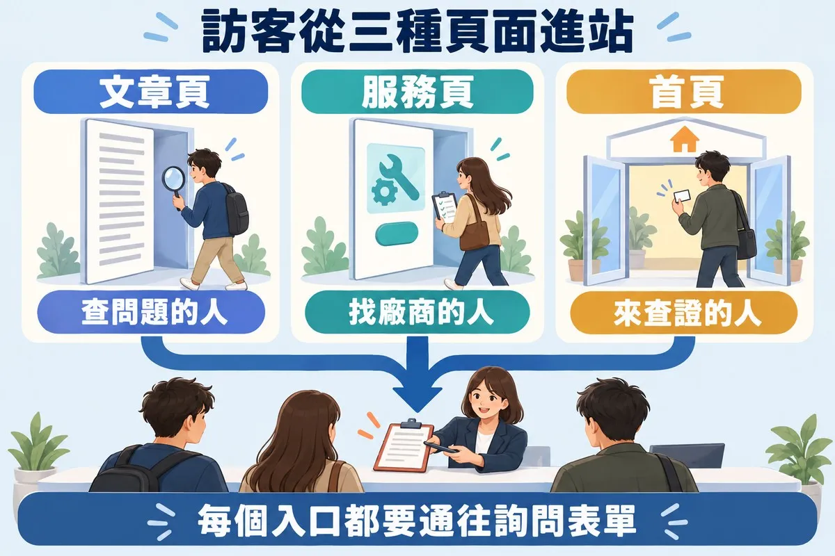 上方三個入口並排：文章頁的門像一張文章，拿放大鏡的人走進來，標示查問題的人；服務頁的門上有服務卡，拿清單的人走進來，標示找廠商的人；首頁是一扇大門，拿名片的人走進來，標示來查證的人；三支箭頭匯成一條通到櫃台，寫著每個入口都要通往詢問表單