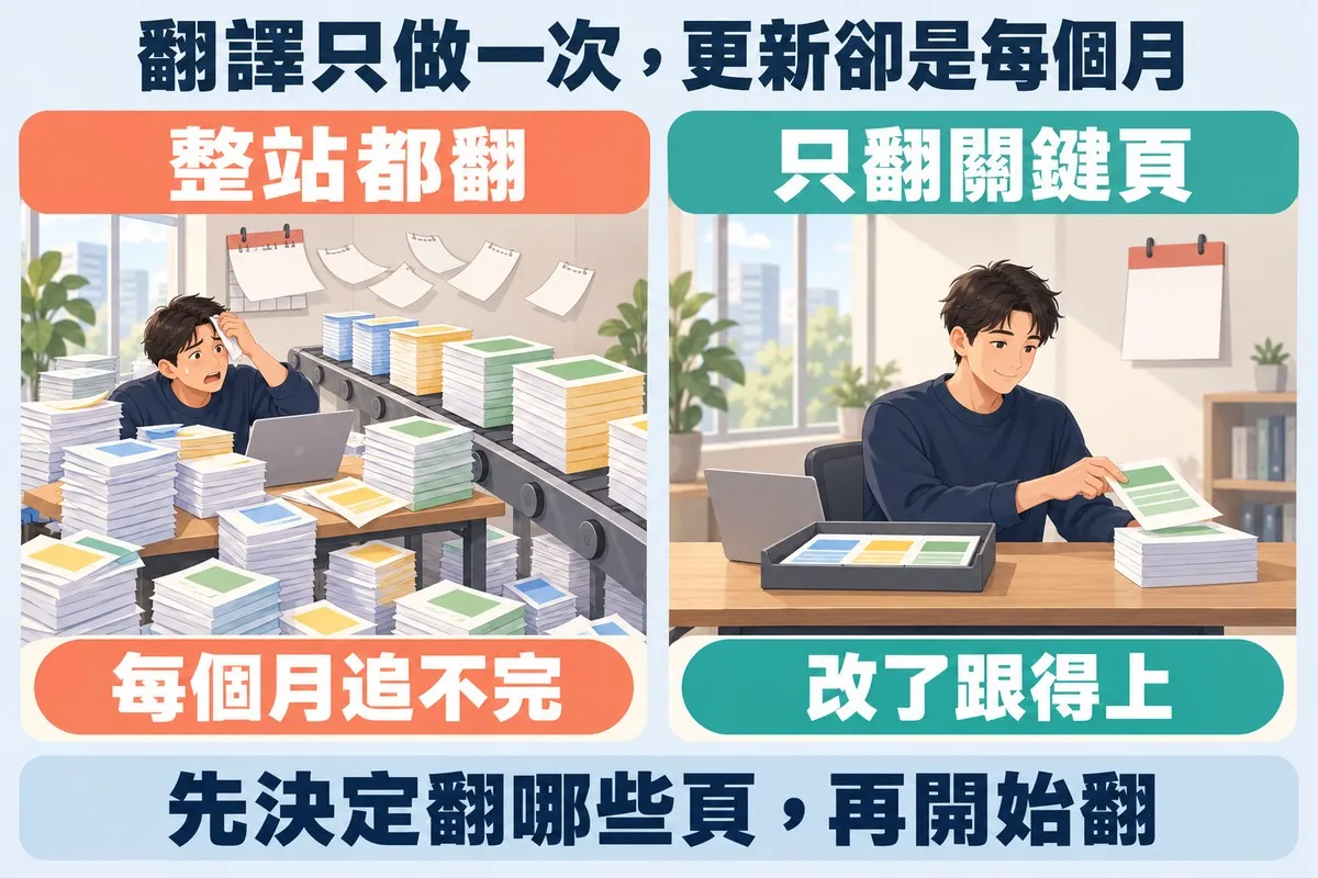 左右兩張卡片:左邊標示整站都翻,輸送帶不斷送來三種顏色的網頁紙疊,堆滿桌面與地上,員工擦汗;右邊標示只翻關鍵頁,小托盤裡只有幾張紙,員工輕鬆把一張放上整齊的小疊