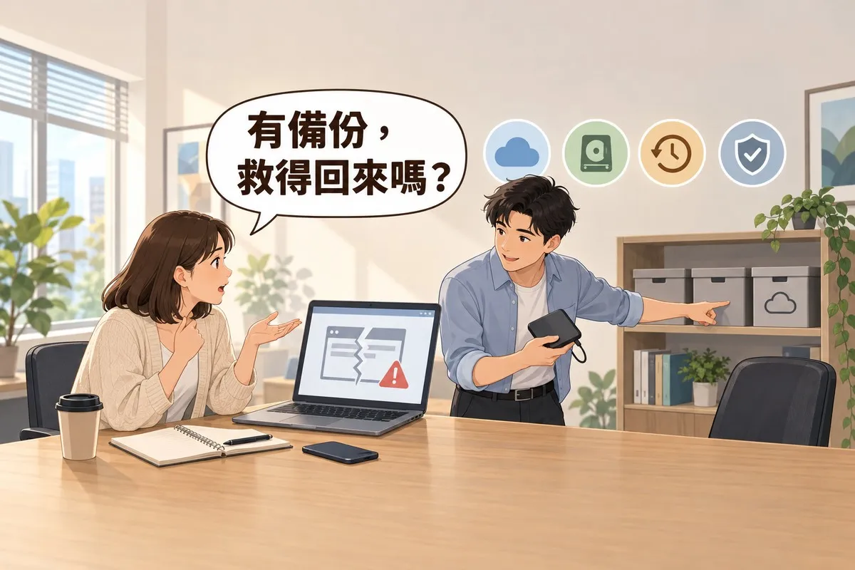 辦公室裡，公司負責人坐在筆電前攤開一隻手發問，筆電畫面是一張裂成兩半的網頁；站在旁邊的工程師一手拿著外接硬碟，一手指向架上的三個收納盒；對話框寫著「有備份，救得回來嗎？」