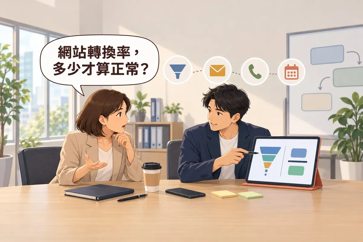會議室裡，公司負責人坐在桌前攤開一隻手發問，旁邊的行銷顧問拿筆指著平板上的漏斗，以及上下兩個方框、中間一條橫線的圖形；對話框寫著「網站轉換率，多少才算正常？」