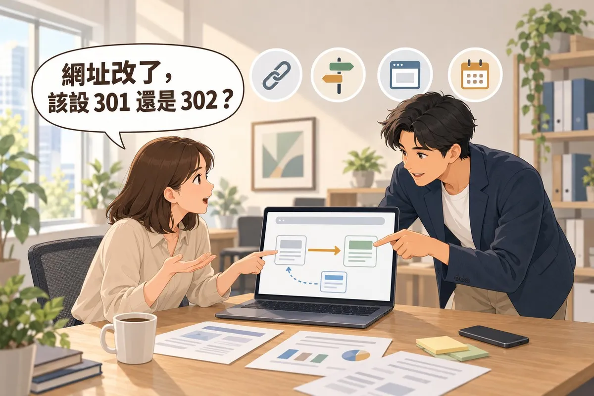 辦公室裡，穿米色襯衫的女業主坐在桌前，一手指著筆電螢幕、一手攤開發問；穿深藍西裝外套的男顧問彎身指著螢幕。螢幕上一張舊頁面用實線箭頭指向新頁面，另一張小卡片用虛線繞回舊頁面。對話框寫著「網址改了，該設 301 還是 302？」