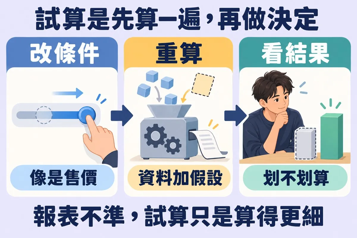 由左到右三張卡片:一隻手推動滑桿,標示改條件、像是售價;有齒輪的機器吃進積木和一張虛線卡片,標示重算、資料加假設;一個人比較兩根高低不同的長條,標示看結果、划不划算