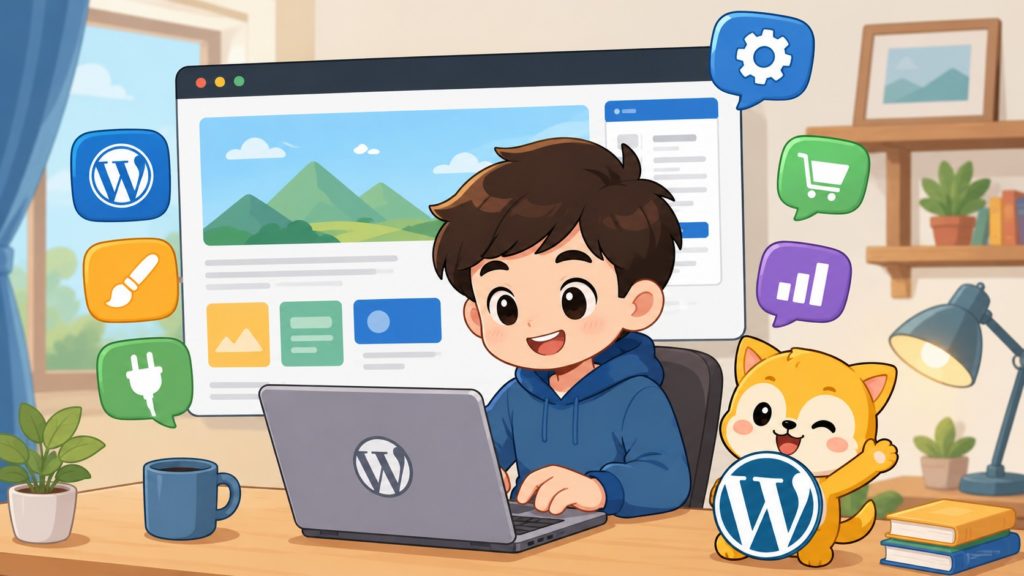新手使用 WordPress 建立網站，畫面中有網站編輯介面、外掛、購物與數據分析等功能圖示，呈現 WordPress 架站與內容管理的使用情境。