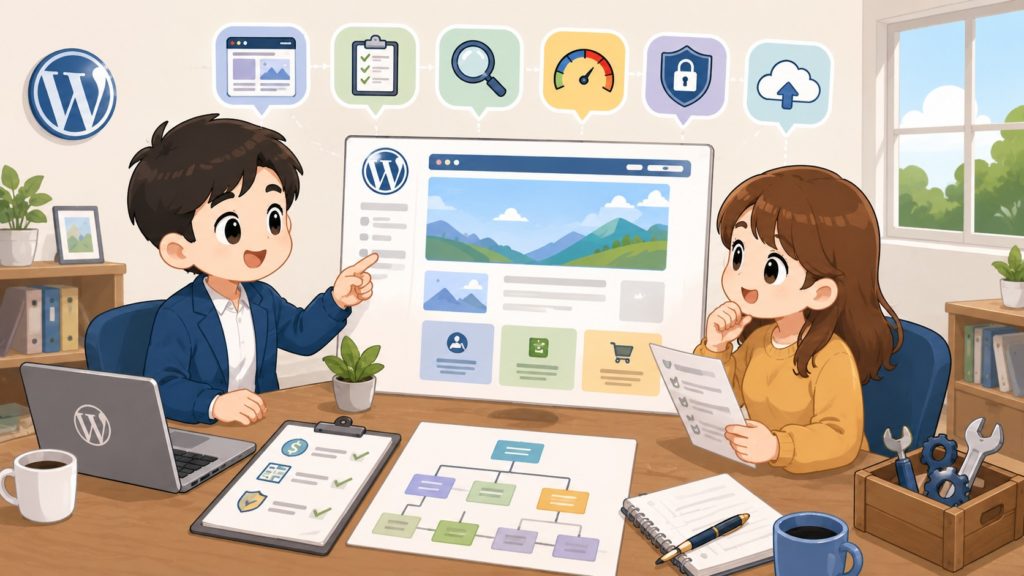 WordPress 網站設計顧問與企業主一起評估費用、流程、SEO、安全與維護規劃的卡通封面圖