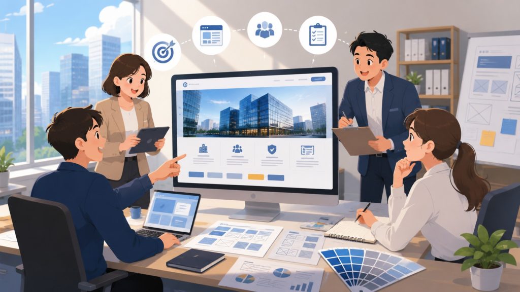 企業團隊進行公司網站設計規劃,討論官網架構、品牌形象、服務頁面與網站功能配置。