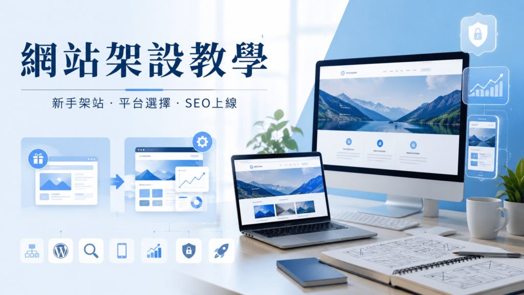 網站架設教學封面圖，呈現新手架站、平台選擇、SEO 上線與網站設計工作區