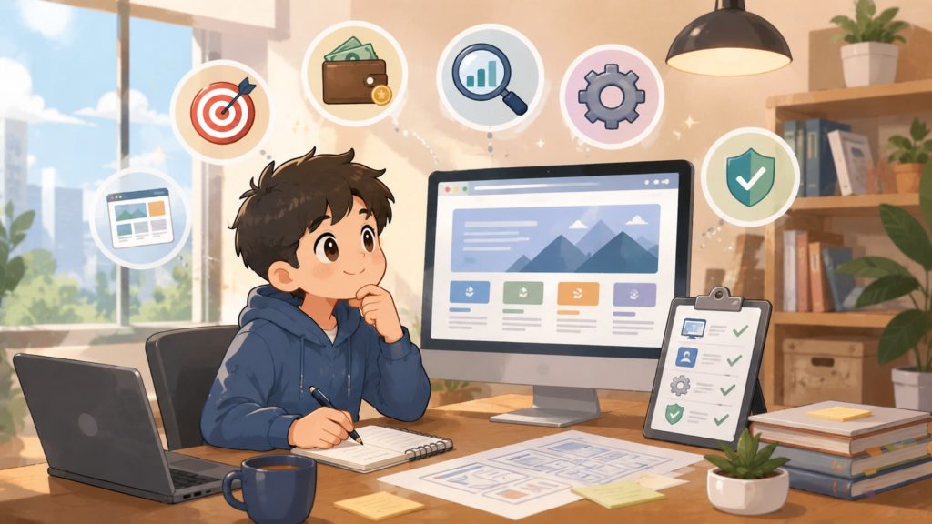 網站設計推薦選擇指南，示意網站需求分析、預算比較、SEO 規劃與網站設計公司評估情境