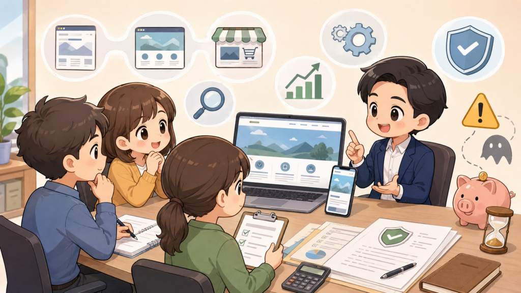 中小企業團隊與網頁設計顧問討論網站規劃、報價、SEO與合約條件的卡通插畫