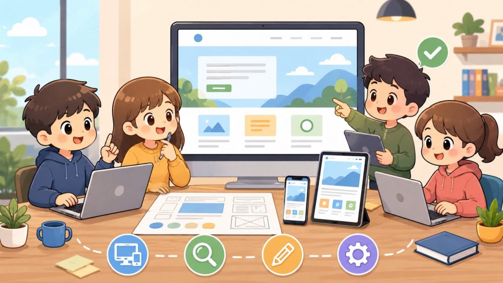 網頁設計團隊討論網站版型、RWD 響應式設計與 SEO 規劃的卡通封面圖