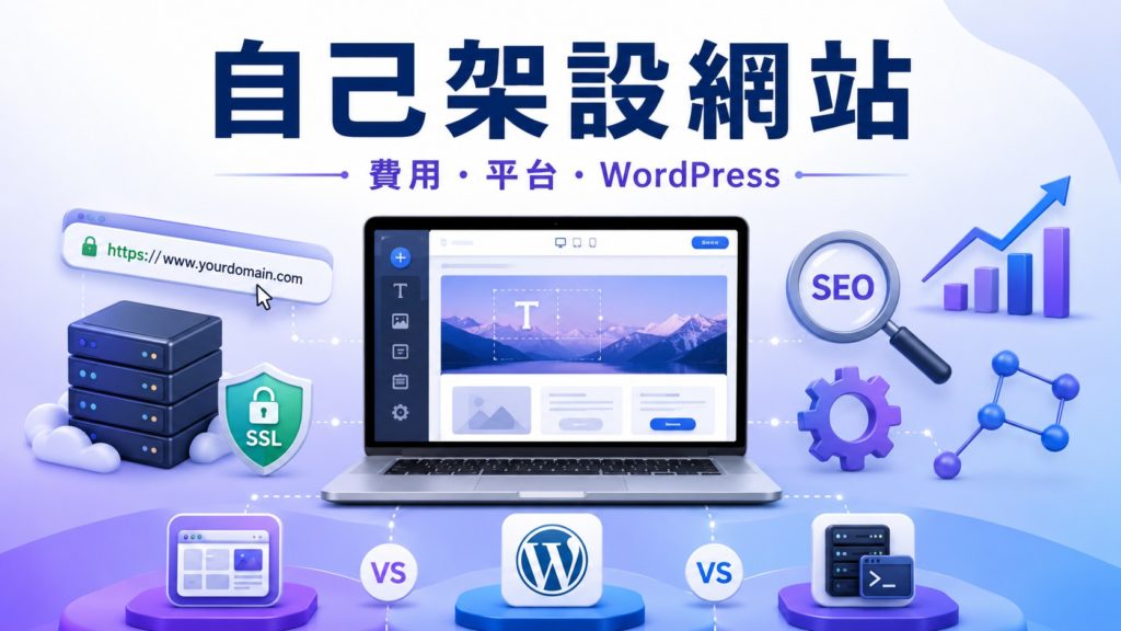 自己架設網站完整指南封面圖，呈現網站編輯器、網域主機、SSL、SEO 優化與 WordPress 平台比較