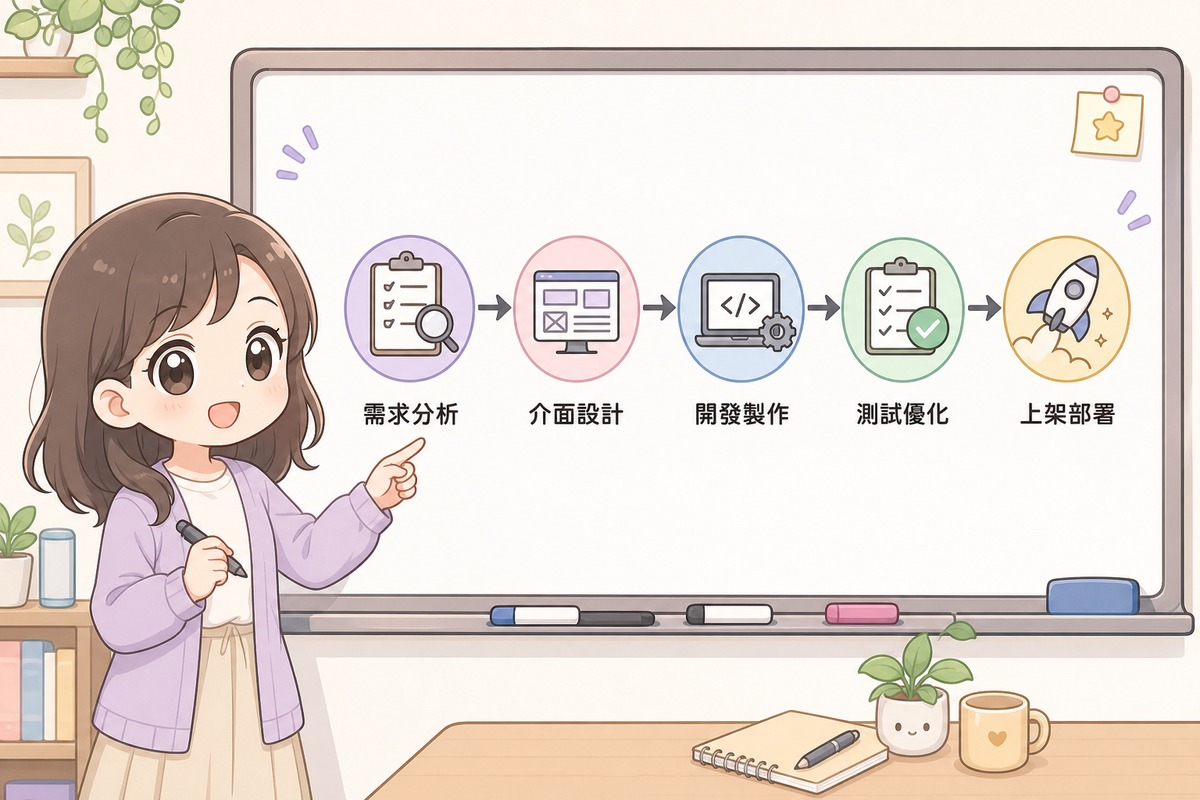 插畫角色在白板前介紹App開發五大流程階段:需求分析、介面設計、開發製作、測試優化、上架部署