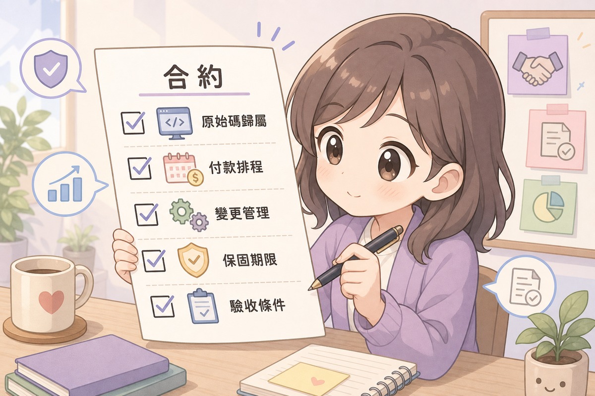 插畫角色檢查外包合約清單,逐項確認原始碼歸屬、付款排程、變更管理、保固期限、驗收條件