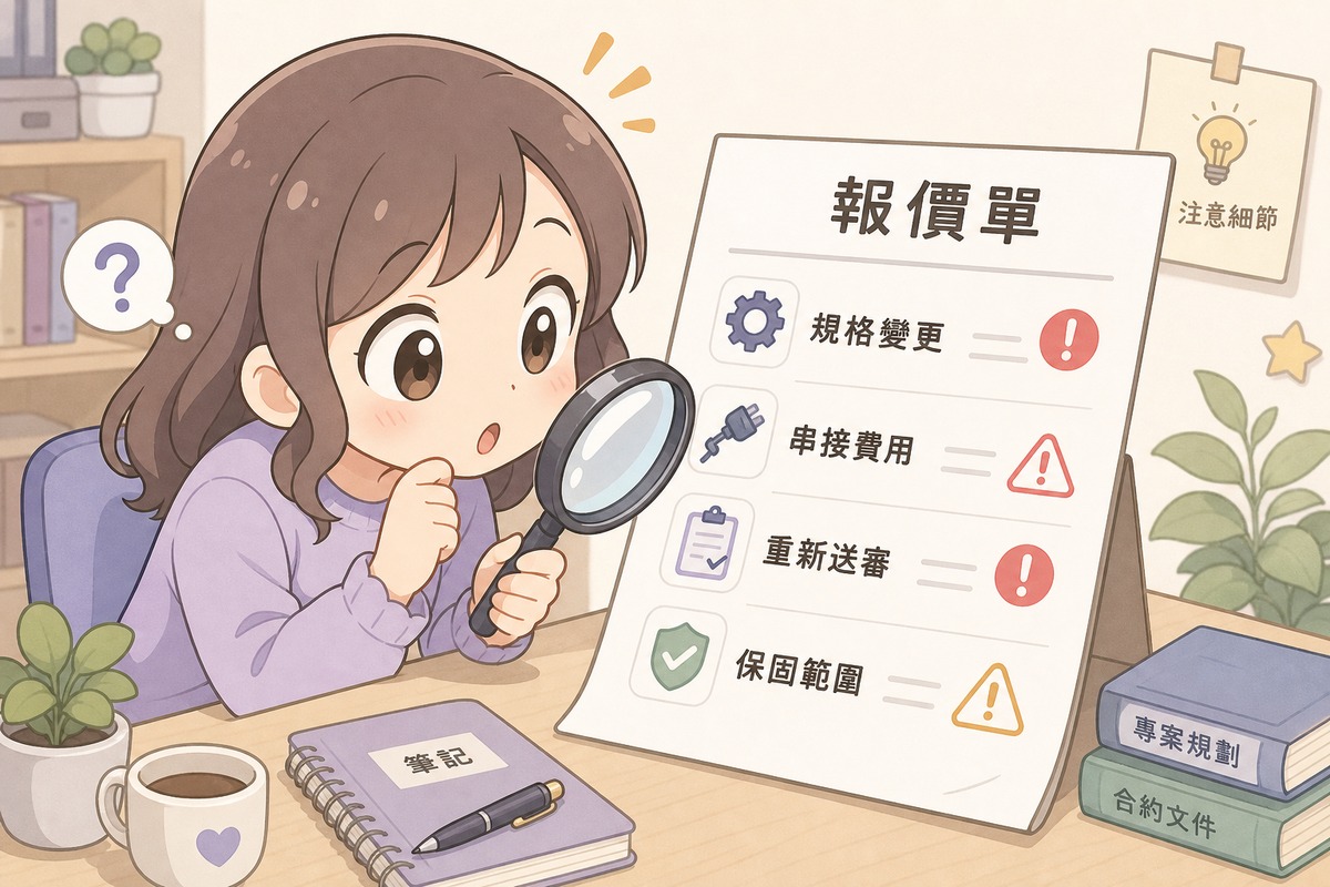 插畫角色用放大鏡檢查報價單,找出規格變更、串接費用、重新送審、保固範圍等容易被忽略的追加費用項目