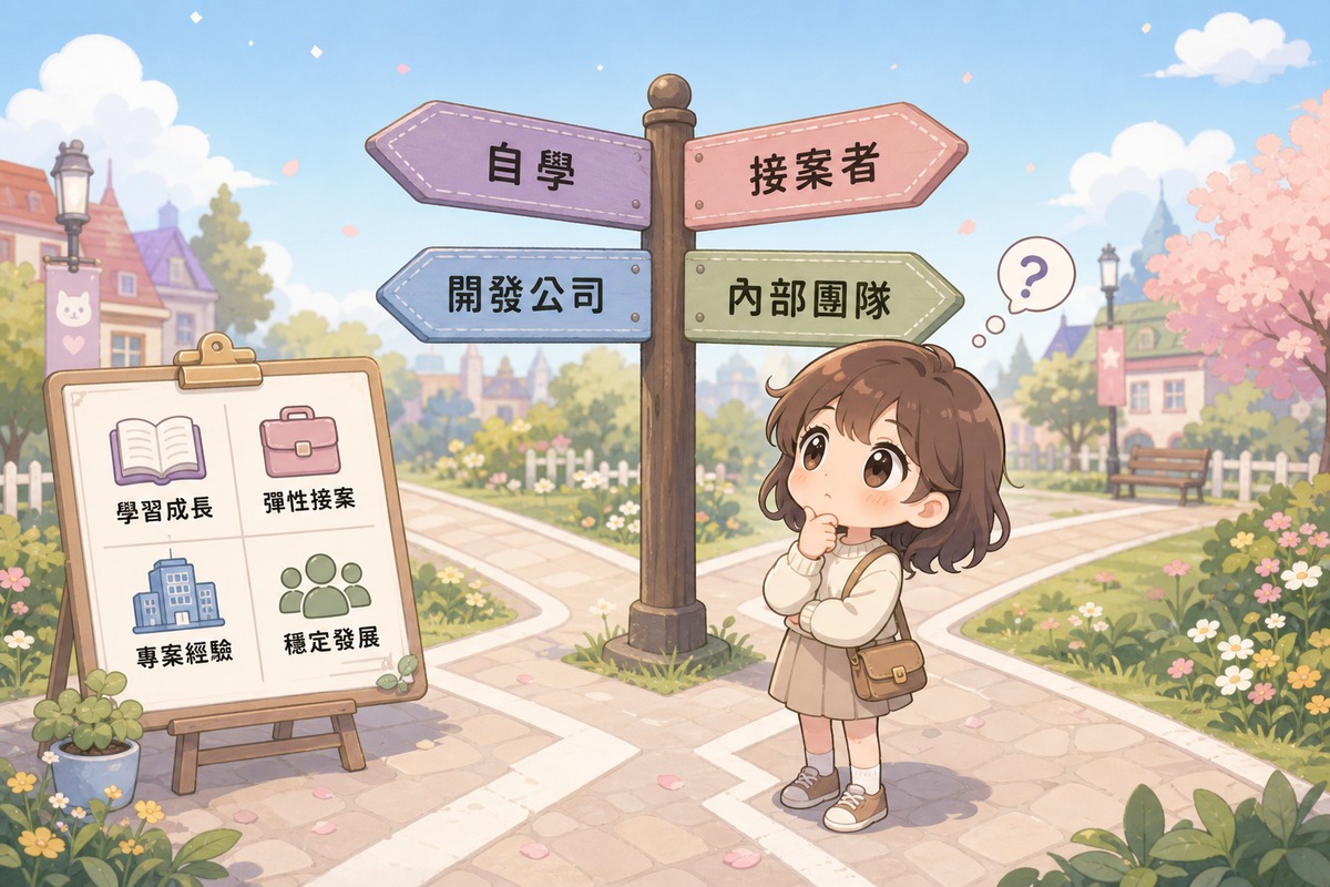 插畫角色站在十字路口思考四種App開發合作方式:自學、接案者、開發公司、內部團隊