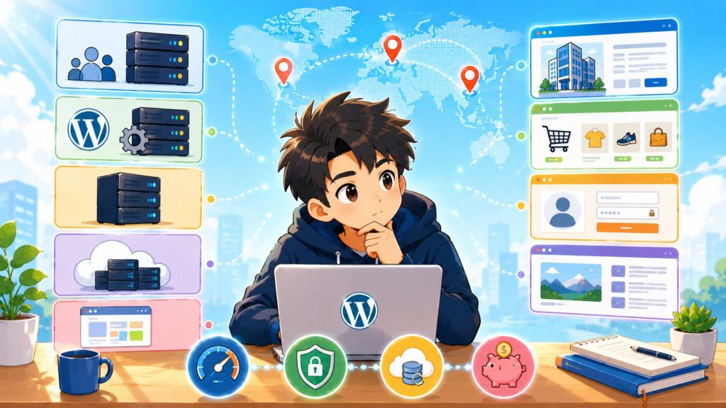 插畫呈現網站管理者比較 WordPress 主機類型，包含共享主機、WordPress 託管主機、VPS、雲端主機，以及不同網站類型的選擇情境。