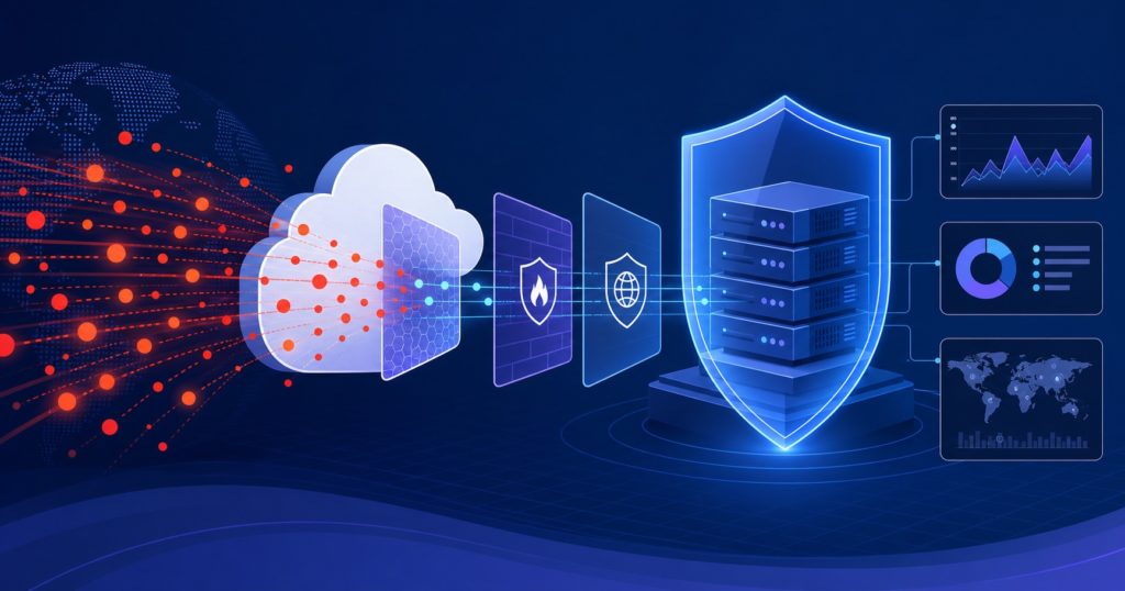 DDoS 攻擊流量被雲端防護層過濾並保護伺服器