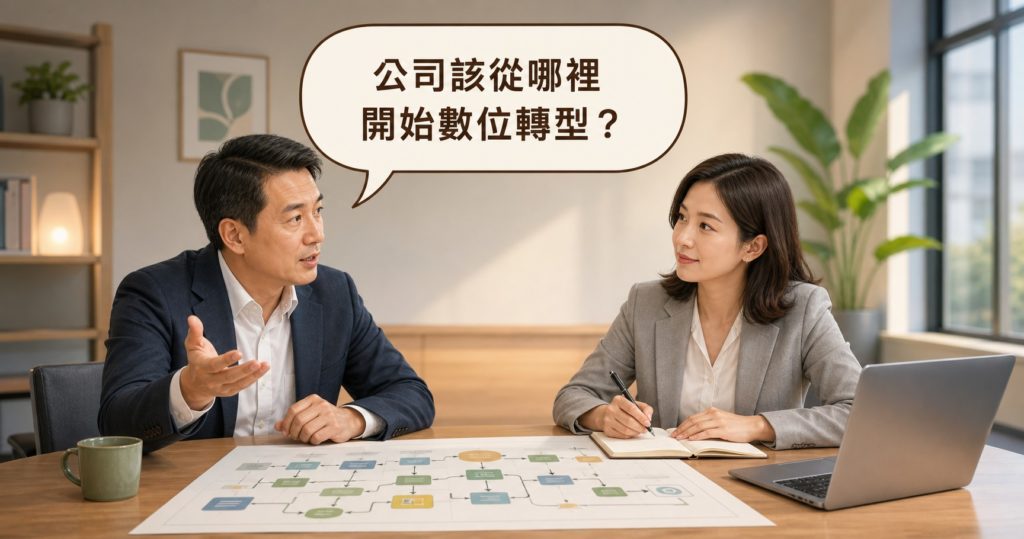 企業主與數位顧問討論數位轉型流程