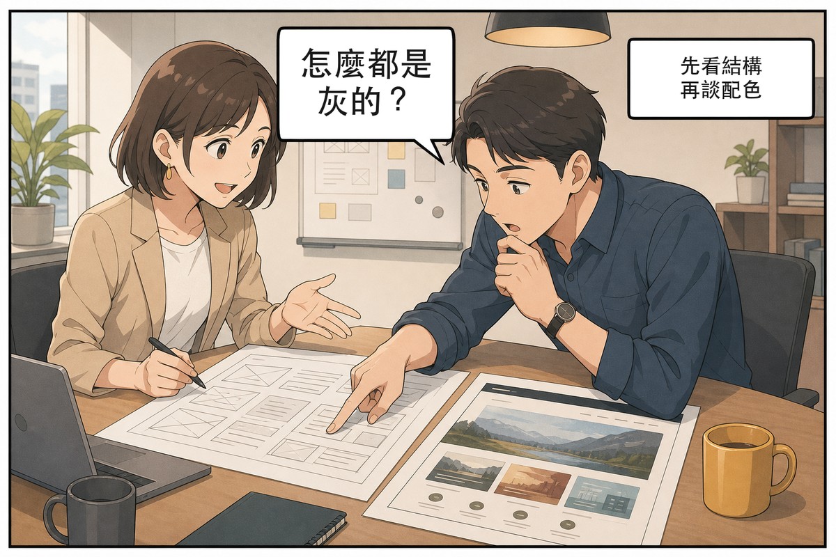 設計師與企業窗口在會議桌前比對線框圖與視覺稿