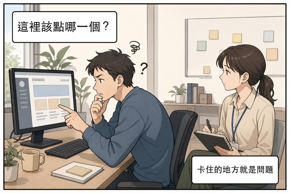 可用性測試現場,研究員在旁觀察受測者操作原型並記錄