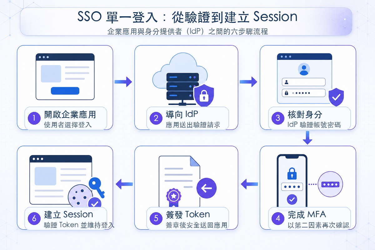 SSO 使用者、應用程式與身分提供者之間的登入流程圖
