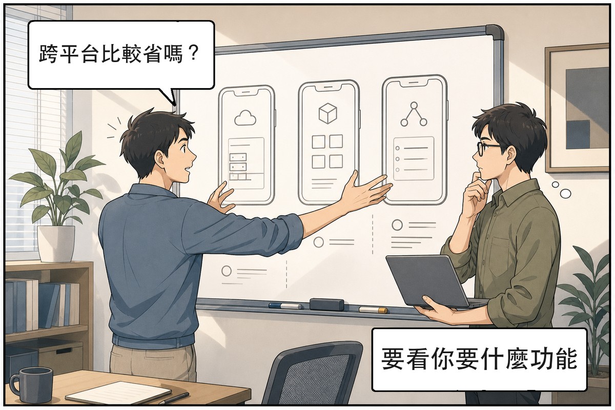 兩位工程師在白板前比較三種行動應用技術方案
