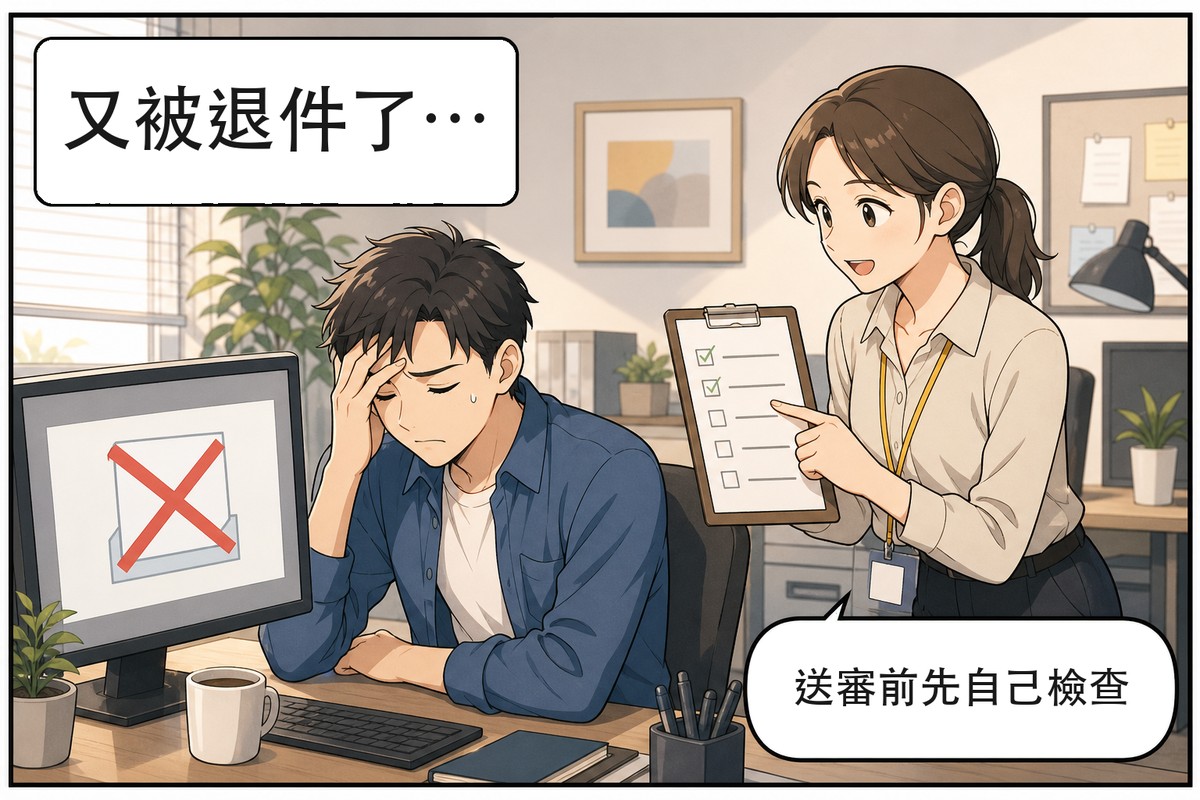 開發者收到上架審查退件通知,同事拿著送審前檢查清單提醒