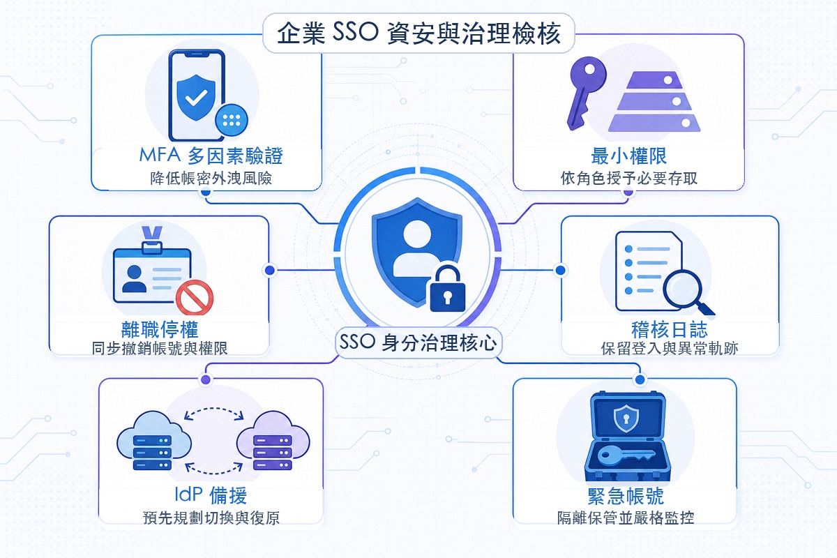 企業 SSO 導入的資安治理與故障備援檢核圖