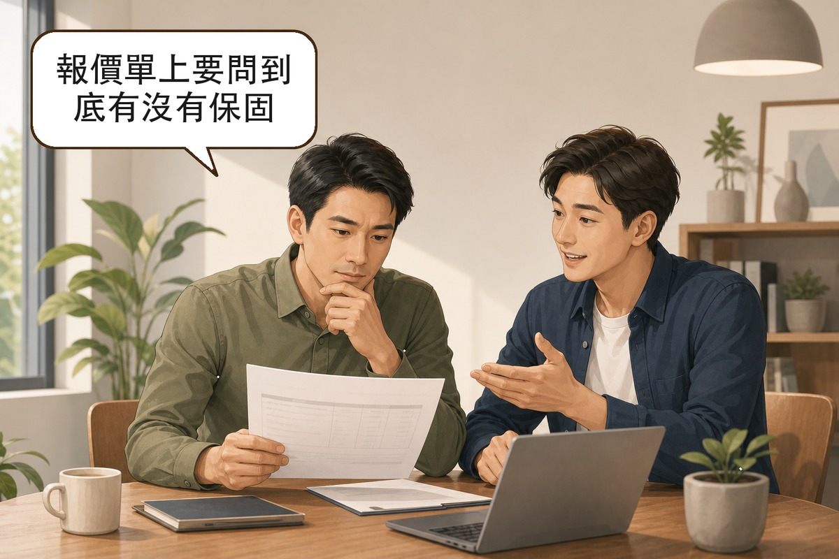 業主與開發夥伴討論合約與報價的輕鬆插畫情境