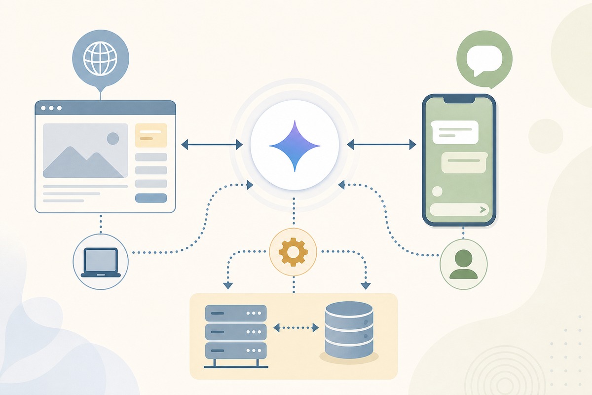 企業窗口與開發顧問在會議室討論 Gemini API 串接規劃的插畫