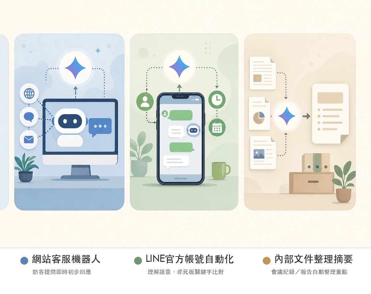 企業導入Gemini API三大應用情境示意圖：網站客服機器人、LINE官方帳號自動化、內部文件整理摘要